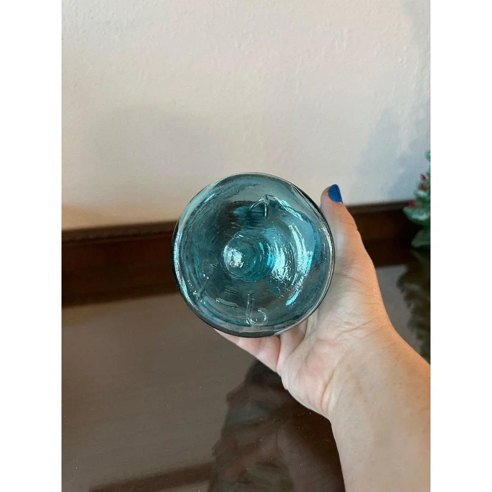 Antique Ball Mason Blue Quart Jar Zinc Lid Wavy Glass Air Bubbles Aqua #6